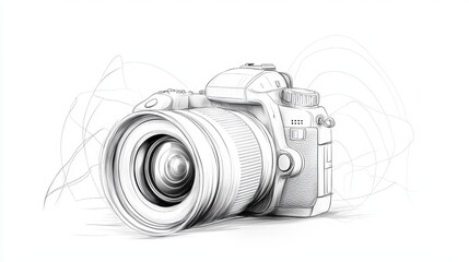A hand-drawn sketch of a camera in black and white, with delicate linework, ideal for logos or creative digital content related to photography.