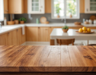 Wood table top on blurred kitchen background. can be used mock up for montage products display or design layout