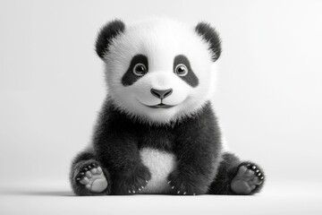 Fototapeta premium Adorable baby panda sitting on a white background, fluffy fur, cute expression.