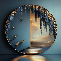 Illustration with circular mirror in the center, surrounded by wisteria and leaves, creating a floral frame, against a soft background