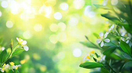 Blooming White Spring Flowers in Green Foliage with Bokeh Background