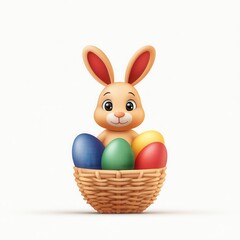 Cute cartoon bunny with colorful Easter eggs in a basket, perfect for celebrating spring and festive holiday themes, kids’ activities, or seasonal decorations.