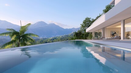 Fototapeta premium A luxurious, modern mansion with a seamless indoor-outdoor design, infinity pool, and stunning mountain views, epitomizing exclusive living.
