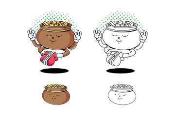 pot full of golden coins retro cartoon character mascot illustration with meditation yoga pose for lucky saint patrick's day mascots and merchandise