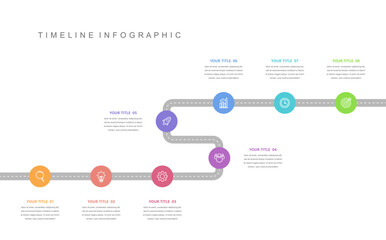 Business road map timeline infographic concept. with icons and 8 steps. Can be used for workflow layout, icons, diagram, report, web design Creative. marketing data. Vector illustration