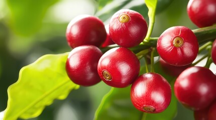 A macro shot of coffee cherries on a coffee plant, highlighting their rich red color and fresh appearance.