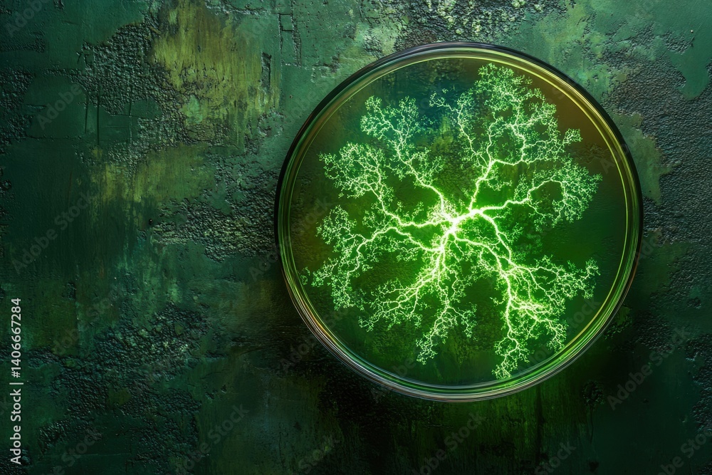 Poster glowing green fractal pattern resembling a tree-like structure in a petri dish.