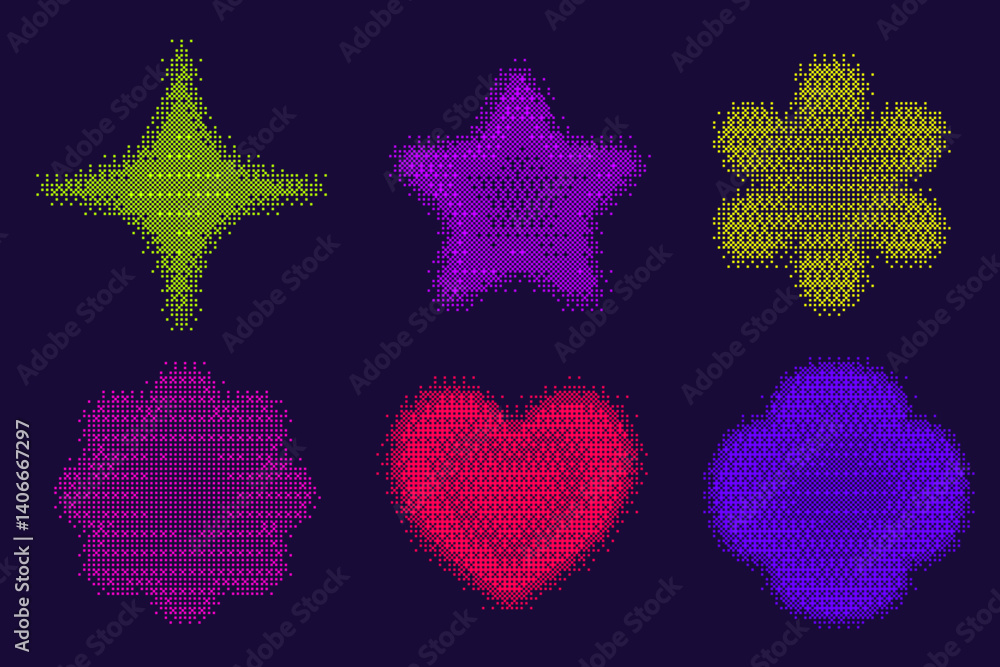 Poster bitmap pattern shapes. heart star and flowers halftone gradient elements on dark background. y2k gra