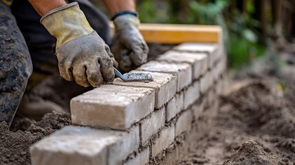 Mason laying bricks for a garden wall in a residential backyard. Featuring bricklaying technique