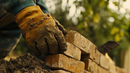 Mason laying bricks for a garden wall in a suburban backyard. Featuring masonry skills and landscape design
