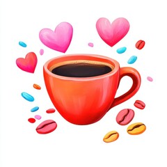 Obraz premium Colorful coffee cup illustration with hearts and coffee beans, perfect for cozy atmosphere or romantic themes in lifestyle and beverage contexts