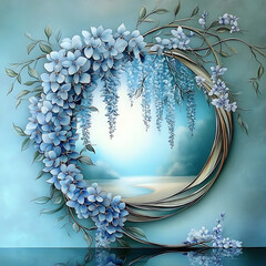 Illustration with circular mirror in the center, surrounded by wisteria and leaves, creating a floral frame, against a soft background