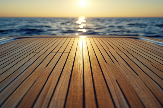 Sunset view from a yacht's teak deck, golden light reflecting on the ocean.