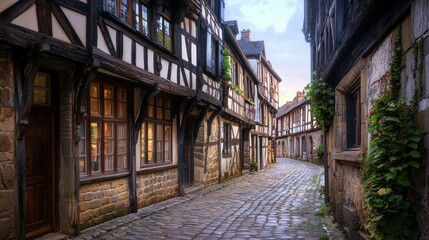 Fototapeta premium A narrow cobblestone street lined with half-timbered medieval houses, their wooden beams and stone facades glowing in soft twilight.