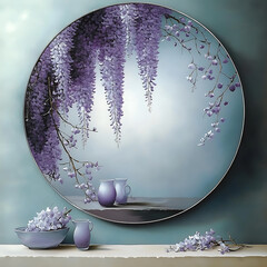 Illustration with circular mirror in the center, surrounded by wisteria and leaves, creating a floral frame, against a soft background
