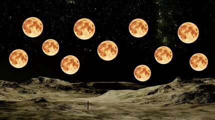 Multiple orange moons illuminate a desolate lunar landscape.