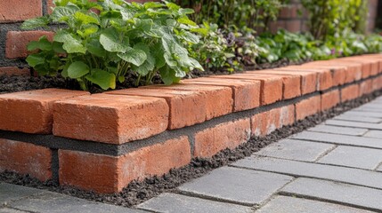 Mason laying bricks for a new garden wall in a suburban yard. Featuring masonry work