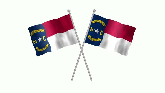 Flag of North Carolina, Cross table flag of North Carolina on white screen, USA States North Carolina 3D Animation flag waving in the wind.