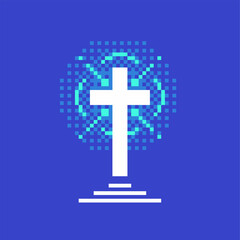 Obraz premium Blue Pixel Art Style Shining Christian Cross, Flat Artwork