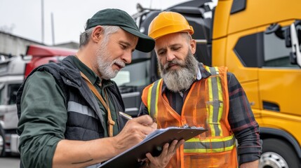 Mature workers collaborating on a clipboard in a trucking yard