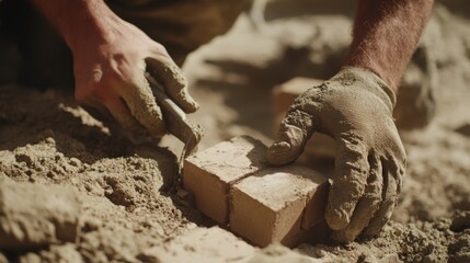 Mason laying bricks to build a wall in a new house. Featuring bricklaying