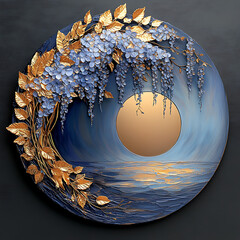 Illustration with circular mirror in the center, surrounded by wisteria and leaves, creating a floral frame, against a soft background