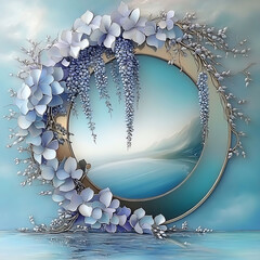 Illustration with circular mirror in the center, surrounded by wisteria and leaves, creating a floral frame, against a soft background