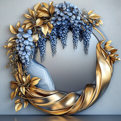 Illustration with circular mirror in the center, surrounded by wisteria and leaves, creating a floral frame, against a soft background