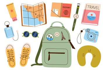 Flat cartoon illustration set, travel packing for women. Stylish vacation items and essentials for solo trip and summer holiday in doodle style, road trip backpack packing, vector icons collection