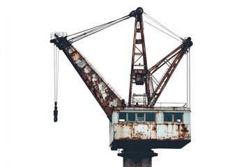 Rusty old port crane, weathered and worn, standing tall against a white background.
