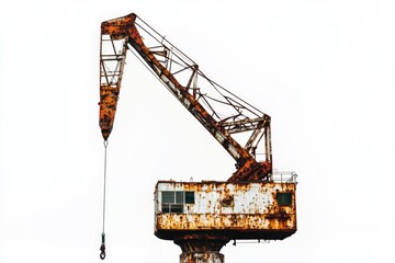 A rusty, old crane stands against a white background, showing signs of age and disuse.