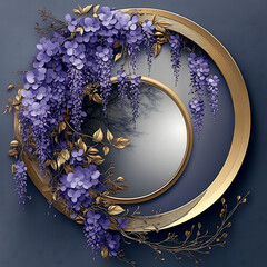 Illustration with circular mirror in the center, surrounded by wisteria and leaves, creating a floral frame, against a soft background