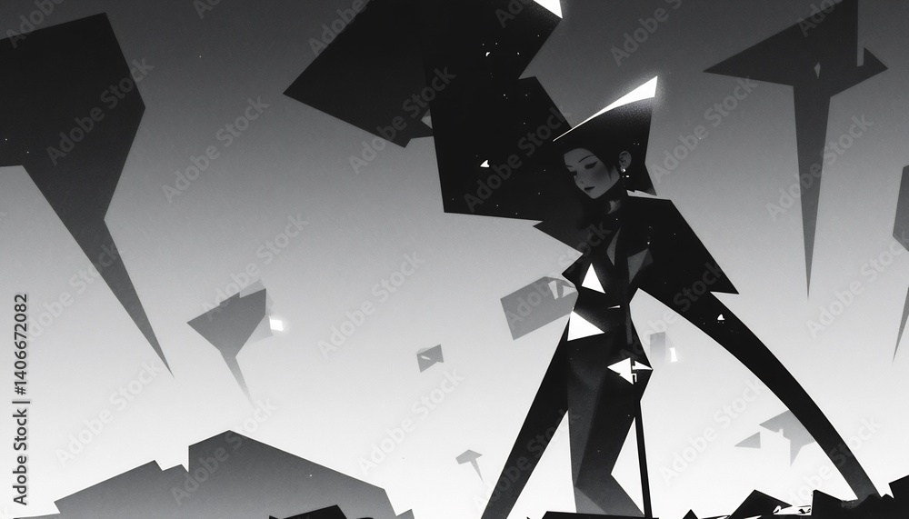 Aufkleber geometric figure's introspection: a monochromatic scene unfolds, highlighting a solitary figure amid