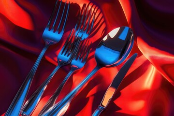 Elegant silverware set on red satin, reflecting light beautifully.