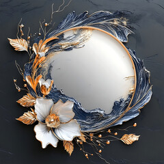 Illustration with circular mirror in the center, surrounded by wisteria and leaves, creating a floral frame, against a soft background