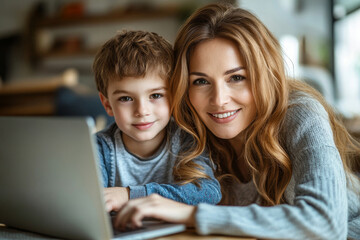 Happy mom and son doing homework and studying with laptop together. Home education