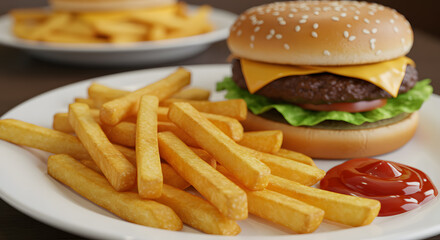 Golden French Fries with a Juicy Cheeseburger