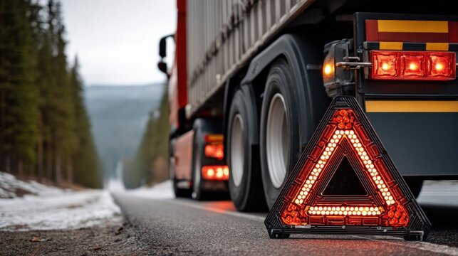 Semi truck winter road hazard safety warning triangle