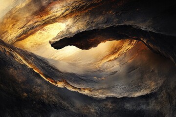 Abstract art depicting a swirling, dark gold and black rock formation, resembling a cave or geological wonder.