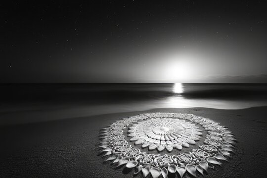 Intricate mandala crafted from shells on a beach at night, under a starry sky and bright moon.
