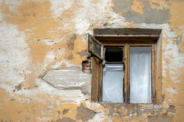 A fragment of a house wall with one window. The lonely window has an open vent. Peeling plaster on the wall of an old house.