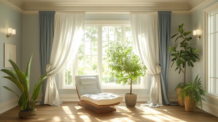 Fototapeta premium Sunlit Room with Chaise Lounge and Lush Greenery