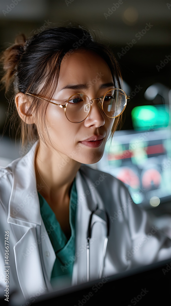 Aufkleber focused female scientist in lab coat examines data on computer screen in laboratory
