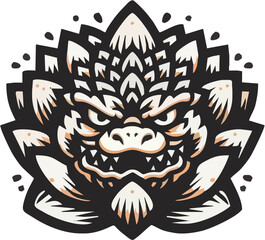 Stylized angry beast face, lotus flower petals, tribal tattoo design, black and white illustration, symmetrical mandala-like pattern, fierce expression, sharp teeth, ornate details, contrasting shapes