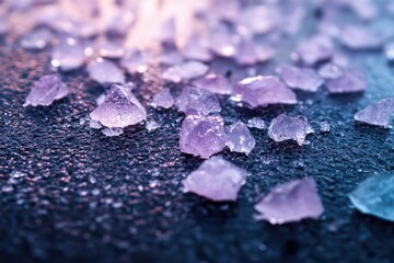 Purple and blue ice crystals scattered on a dark surface, glistening under soft light.