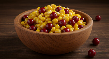 Wooden bowl of cranberries and corn on a dark surface.
