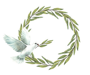 Pigeon with olive green branch. White flying dove bird, symbol of peace, religious sign. Watercolor wreath hand drawn illustration. Circle template for first communion, Baptism card. Isolated clipart