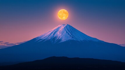 Fototapeta premium Large Orange Full Moon Over Snowy Mountain at Dusk