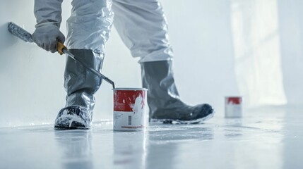 Fototapeta premium Painter applying fresh white paint on an interior wall. Featuring detailed wall painting and finishing touches