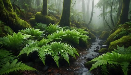 A misty forest scene with ferns and a small stream flowing through it